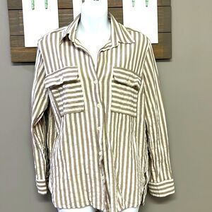 Flawless Women’s Button Down Tan and Cream Striped Ling Sleeve Shirt- Medium